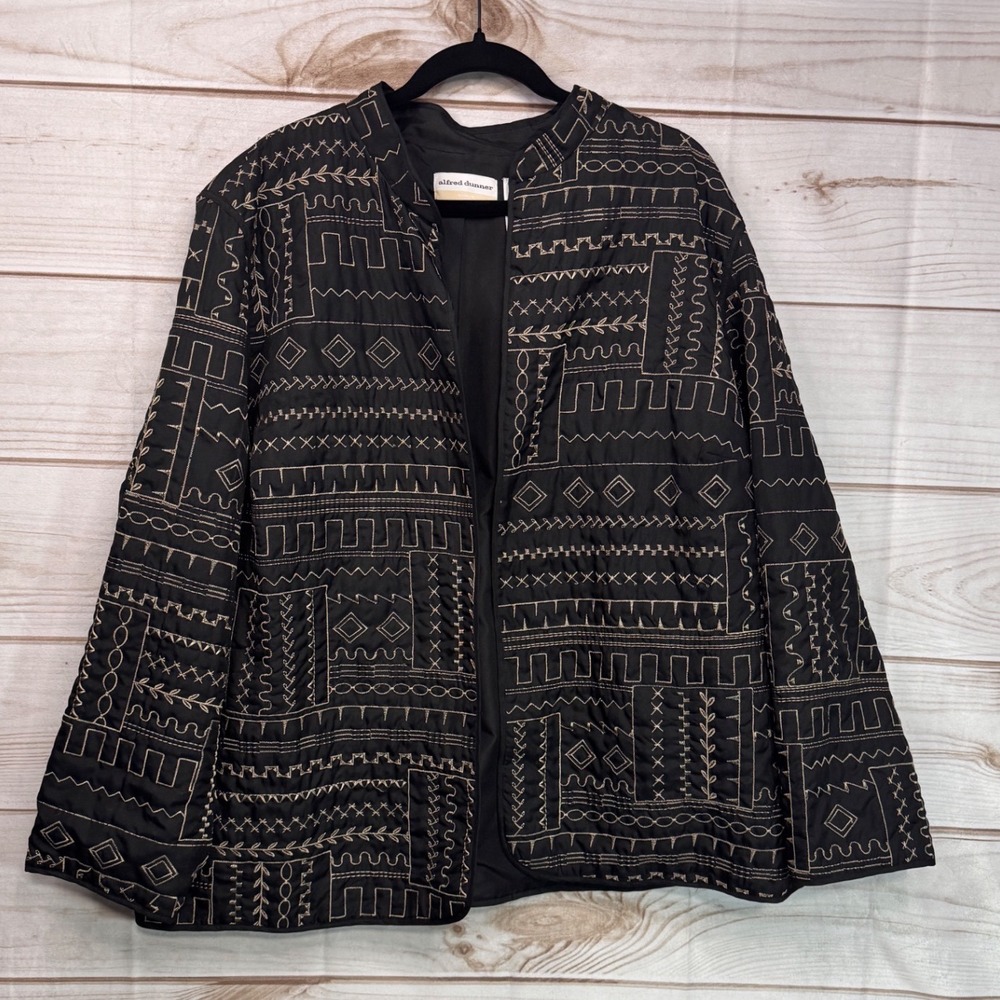 Alfred Dunner‎ Black Tan Geometric Embroidered Quilted Open Front Jacket 24W